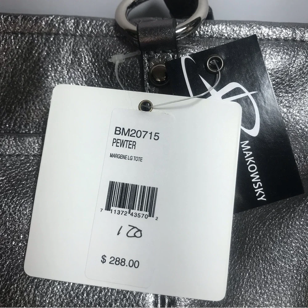 b. makowsky Pewter Metallic Leather XL Tote Bag NWT